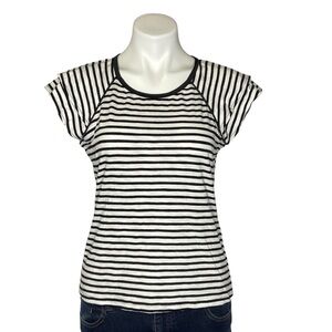 WHBM Striped Tee Ruffle Layer Short Sleeves Crewneck Black White Womens Small